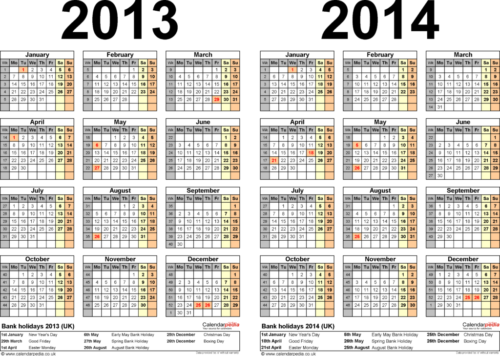 Two Year Calendars For 2013 And 2014 UK For Microsoft Word - 2013 And 2014 Calendar With Week Numbers