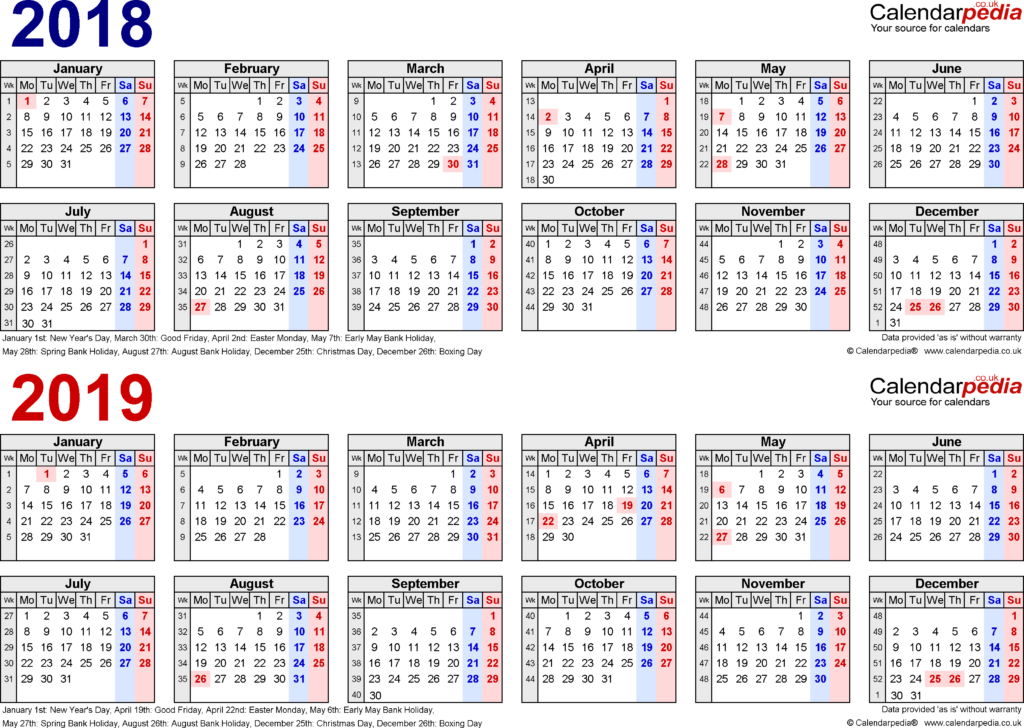 Two Year Calendars For 2018 And 2019 UK For Microsoft Excel - 2018 Calendar With Week Numbers 2019