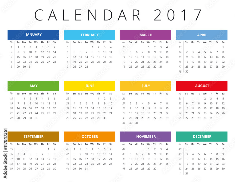 Vecteur Stock Calendar 2017 Week Starts Sunday Calendar Grid With  - Calendar 2017 Weeks Numbered