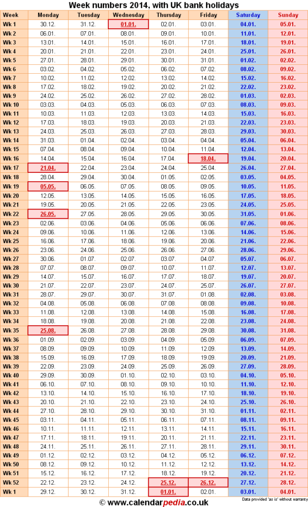 Week Numbers 2014 With Excel Word And PDF Templates - Printable 2014 Calendar Uk With Week Numbers