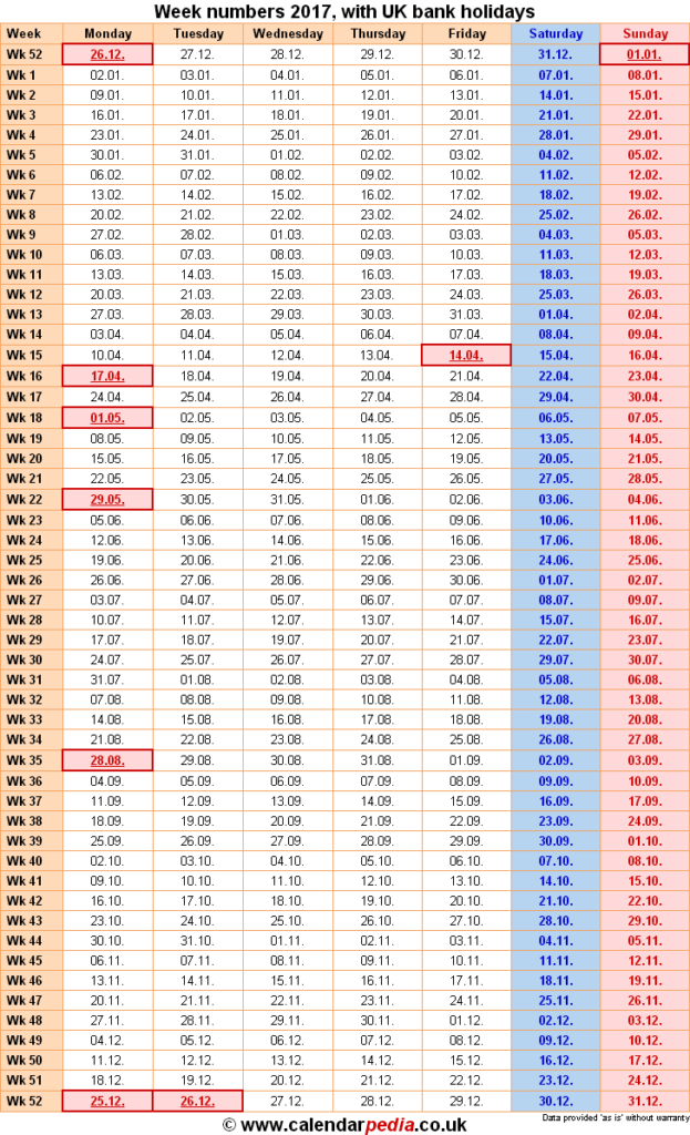 Week Numbers 2017 With Excel Word And PDF Templates - Calendar Week Numbers 2017 Uk