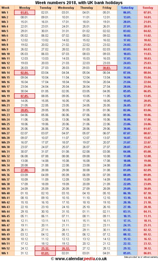 Week Numbers 2018 With Excel Word And PDF Templates - Financial Calendar Week Numbers 2018