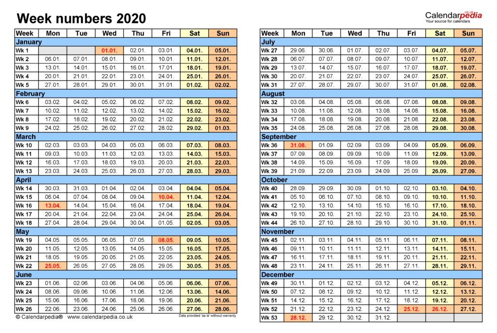 Week Numbers 2020 With Excel Word And PDF Templates - 2020 Calendar With Week Numbers Excel