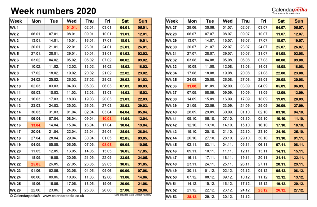 Week Numbers 2020 With Excel Word And PDF Templates - 2020 Calendar With Week Numbers Excel Formula