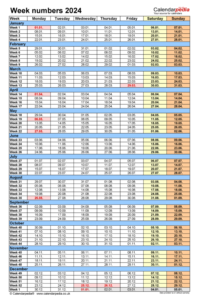 Week Numbers 2024 With Excel Word And PDF Templates - 2024 Calendar With Week Numbers Excel Download