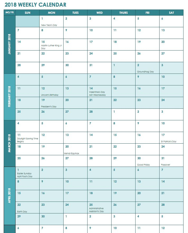 Week Wise 2018 Calendar Weekly Calendar Printable Excel Calendar  - 2018 Weekly Calendar Excel With Week Numbers