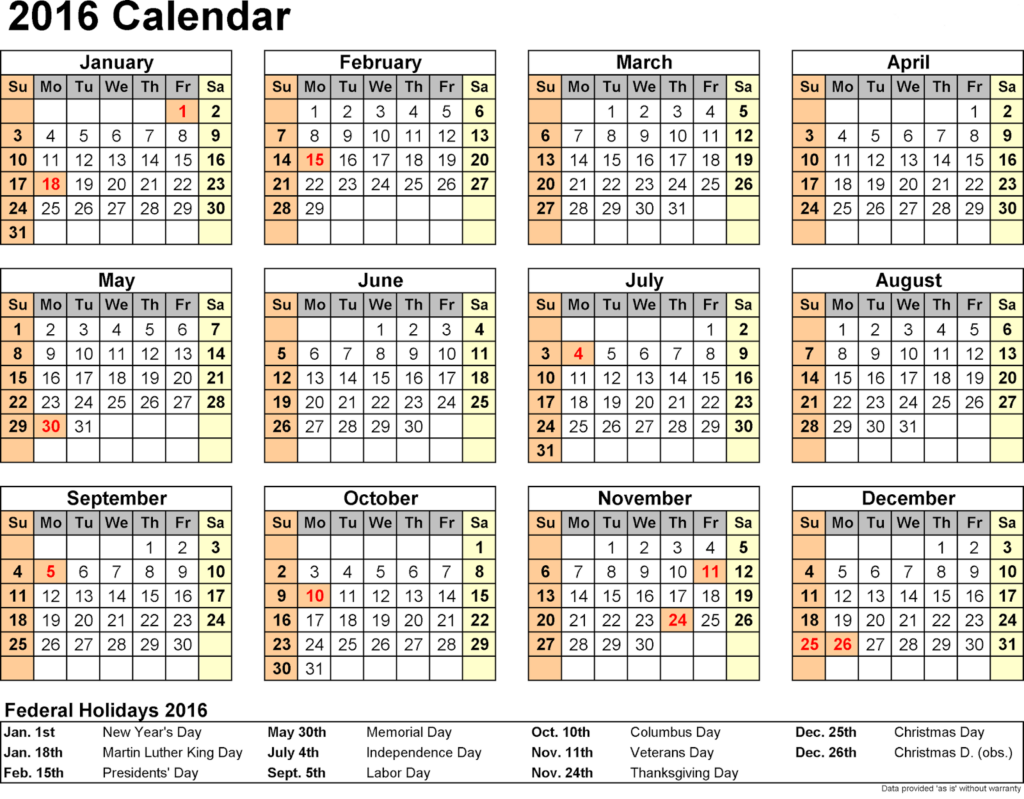 Weekly Calendar 2016 Excel PDF Word - 2016 Calendar Year With Week Numbers