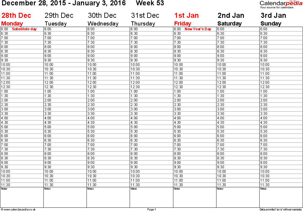 Weekly Calendar 2016 UK Free Printable Templates For PDF - 2016 Calendar Uk With Week Numbers