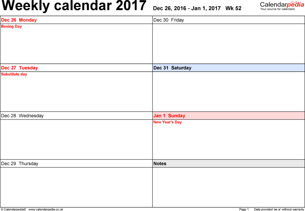 Weekly Calendar 2017 UK Free Printable Templates For Excel - Weekly Calendar 2017 Excel With Week Numbers