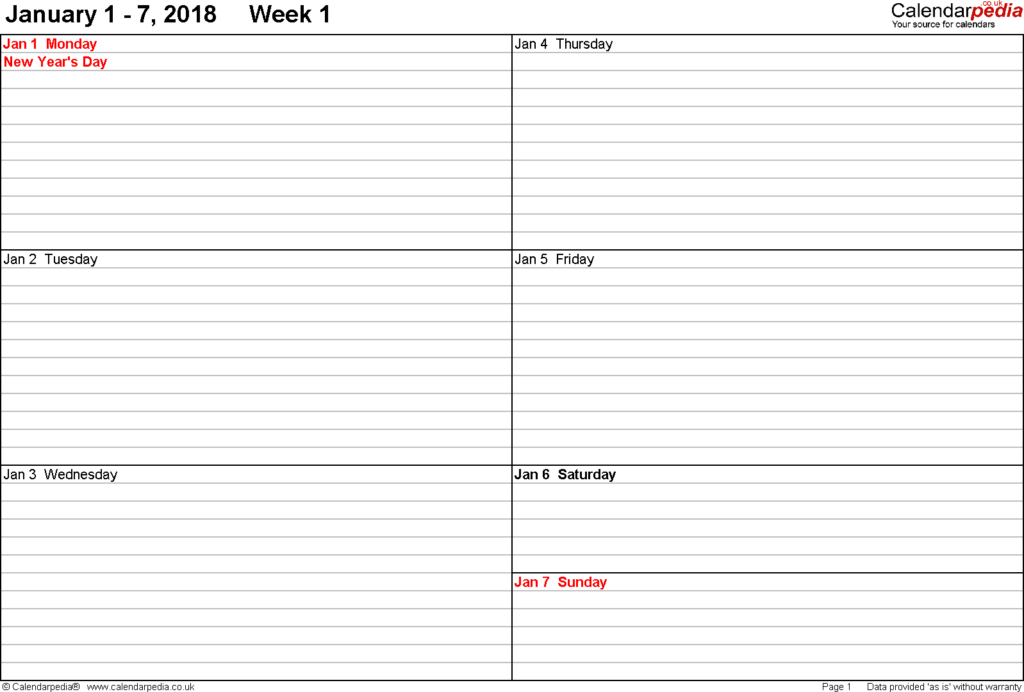 Weekly Calendar 2018 UK Free Printable Templates For PDF - Printable 2018 Calendar With Week Numbers Uk