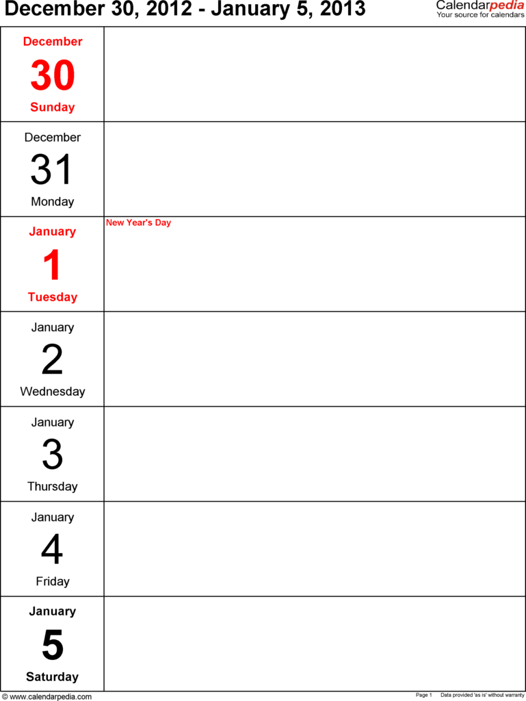 Weekly Calendars 2013 For Excel 4 Free Printable Templates - 2013 Weekly Calendar With Week Numbers