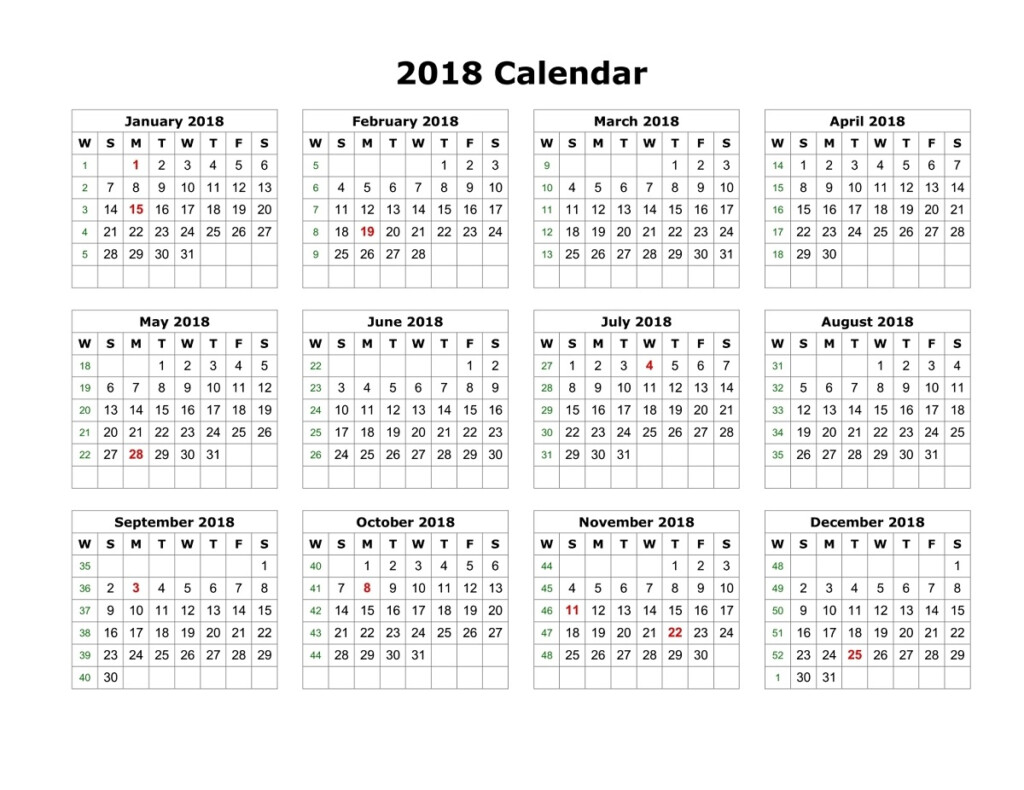 Yearly Calendar 2018 Printable Activity Shelter - 2018 Yearly Calendar With Weeks Numbered Download