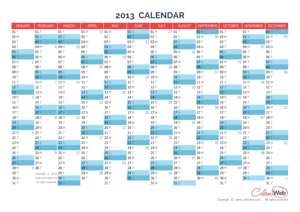 Yearly Calendar Year 2013 Yearly Horizontal Planning Calenweb - Yearly Calendar With Week Numbers 2013